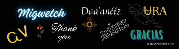 "Thank you" bumper sticker in Native languages, Spanish, and English